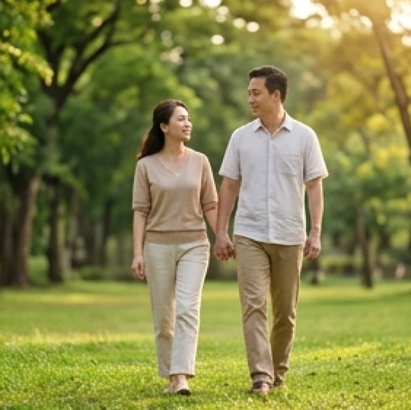 Đôi vợ chồng hạnh phúc nắm tay nhau cùng dạo bước tận hưởng khoảnh khắc ấm áp và bình yên