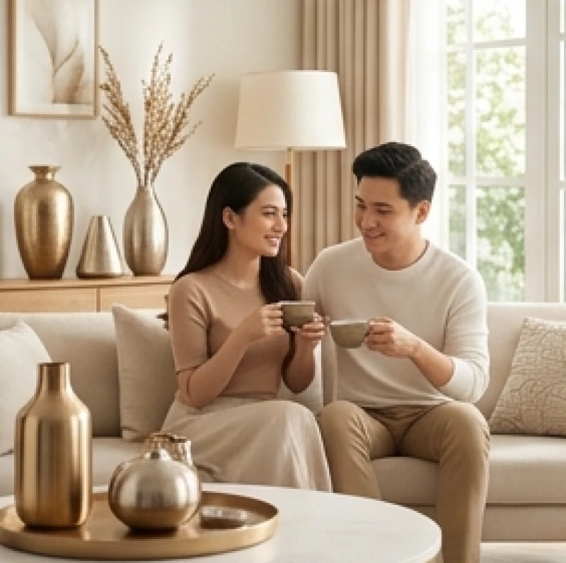 Mệnh Kim hợp mệnh gì: Chi tiết nạp âm, tuổi làm ăn và kết hôn 5 Đôi vợ chồng trẻ vui vẻ ngồi thưởng trà trong phòng khách có bình gốm sứ trang trí thanh lịch