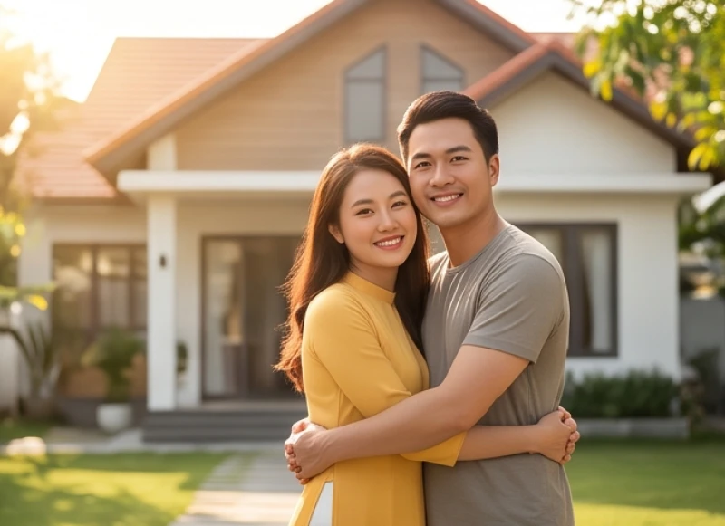 Đôi vợ chồng hạnh phúc đứng trước căn nhà mới biểu thị cho sự thịnh vượng khi kết hợp đúng tuổi