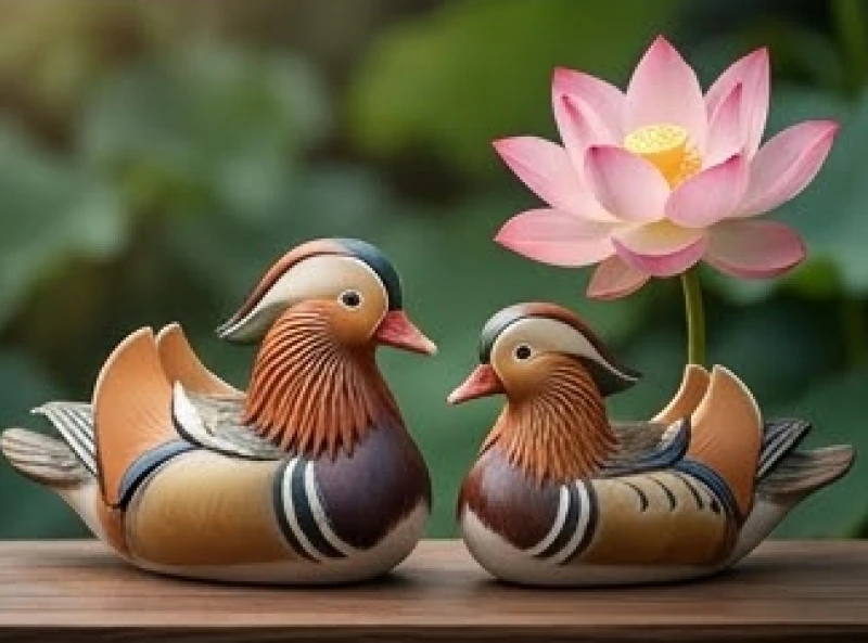 Tử vi trọn đời tuổi Mậu Thìn 1988 nữ mạng: Lộ trình vận mệnh 4 Đôi chim uyên ương bằng gốm sứ đặt cạnh hoa sen hồng biểu tượng cho hạnh phúc gia đạo viên mãn