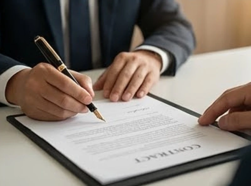 Hai bên đối tác đang cẩn trọng đặt bút ký kết hợp đồng pháp lý trên chiếc bàn đá cẩm thạch