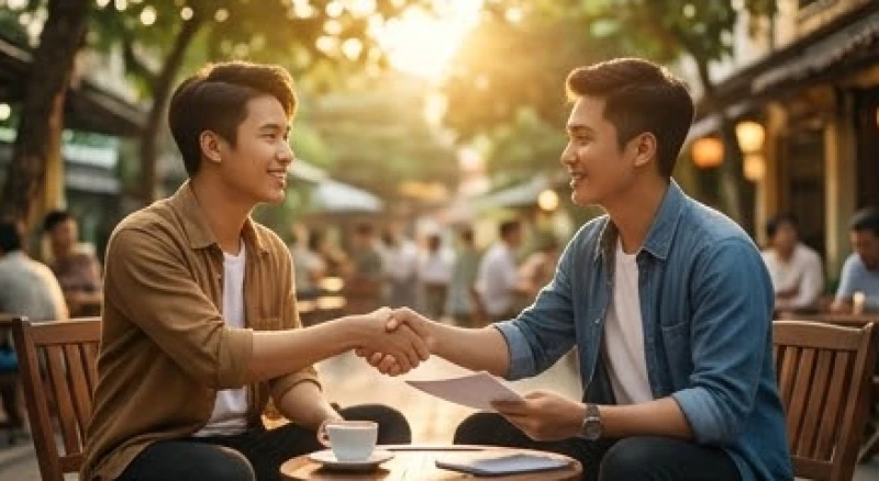 Hai người bạn thân đang vui vẻ bắt tay hợp tác trước một quán cà phê mang đậm phong cách Việt Nam