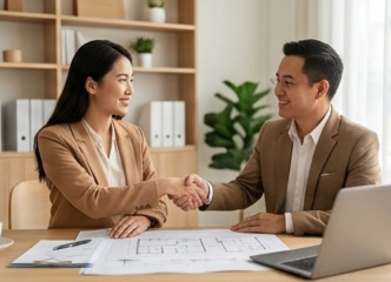 Hai đối tác kinh doanh đang mỉm cười bắt tay nhau tại bàn làm việc sau khi thảo luận kế hoạch bán lẻ