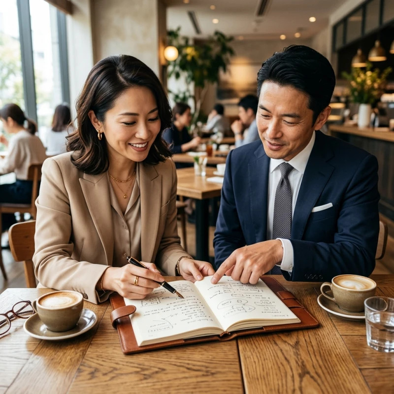 Đôi bạn đối tác đang cùng nhau thảo luận ý tưởng trên cuốn sổ tay bọc da cao cấp