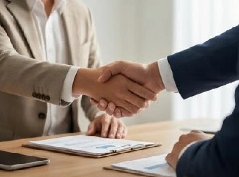 Hai người bắt tay hợp tác kinh doanh trong không gian văn phòng chuyên nghiệp