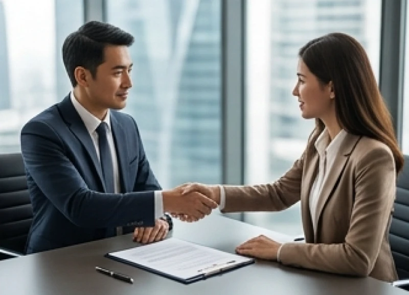 Hai đối tác kinh doanh bắt tay nhau sau khi ký kết thành công bản hợp đồng chiến lược