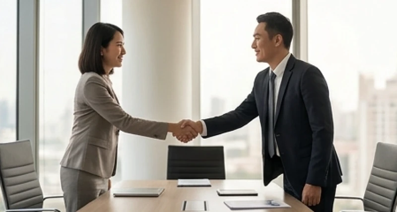 Hai doanh nhân bắt tay nhau ký kết thỏa thuận hợp tác dài hạn trong không gian văn phòng
