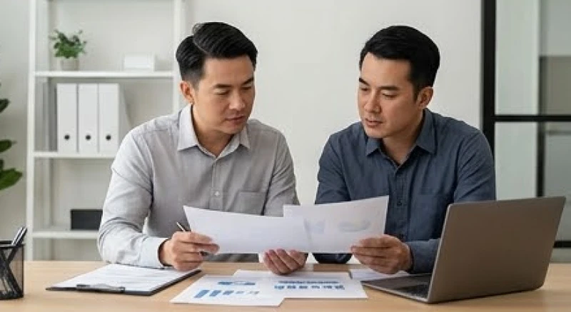 Hai người đàn ông đang tập trung xem xét sổ sách tài chính và tài liệu kinh doanh trên bàn làm việc một cách nghiêm túc