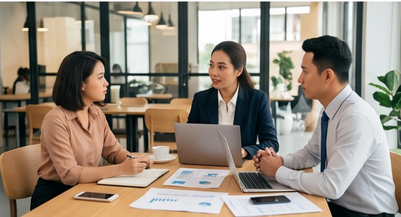Ba đối tác thảo luận bản kế hoạch kinh doanh và áp dụng quy trình kiểm duyệt chéo minh bạch
