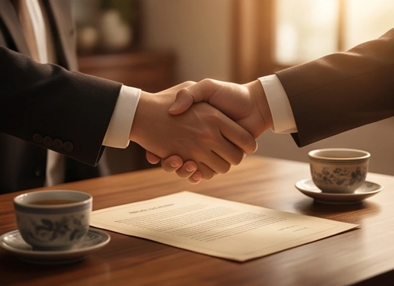 Hai bàn tay bắt tay nhau phía trên một bản hợp đồng cạnh tách trà