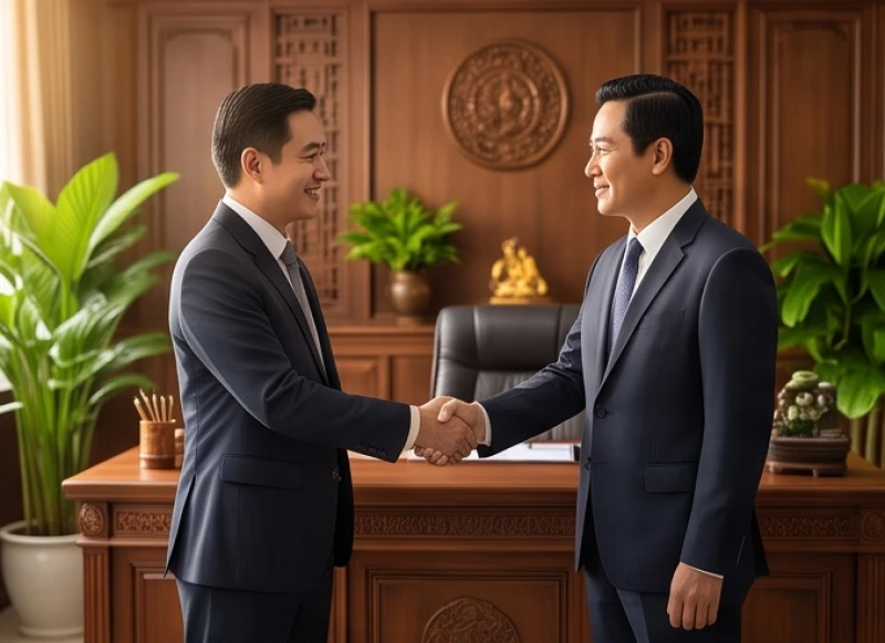 Hai đối tác kinh doanh bắt tay trong không gian làm việc chuyên nghiệp