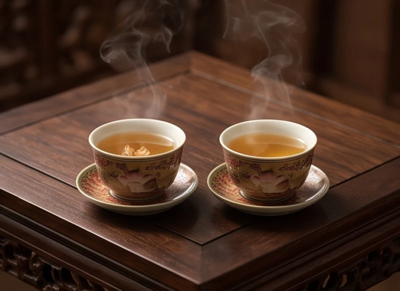 Hai tách trà sen ấm nóng đặt đối diện nhau thể hiện sự gắn kết và hợp tác ăn ý