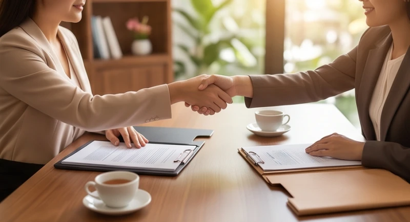Hai người phụ nữ đang bắt tay hợp tác bên cạnh các tài liệu kinh doanh và tách trà