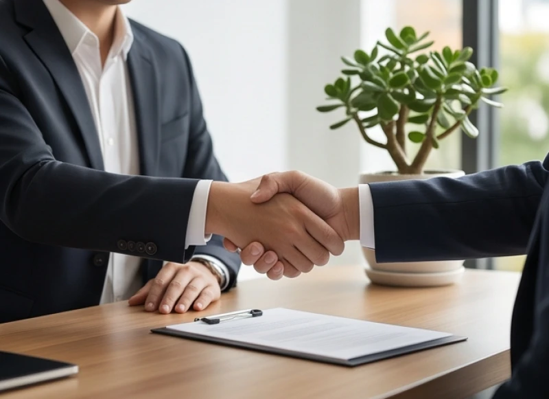 Cái bắt tay đầy tự tin giữa hai người đối tác tại không gian làm việc sang trọng và tràn đầy sinh khí