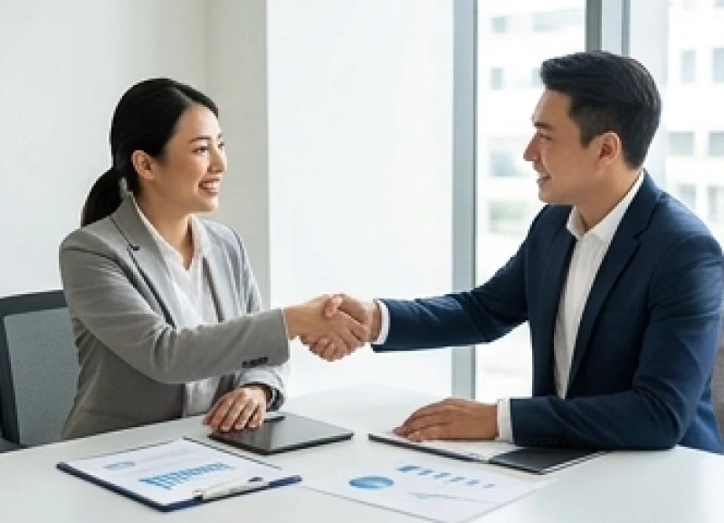 Tuổi Sửu hợp kinh doanh gì: Mặt hàng bán lẻ và hướng cửa hàng 10 Hai người quản lý đang mỉm cười bắt tay thỏa thuận hợp tác và phân chia vai trò trên bàn làm việc trong một cuộc họp chung