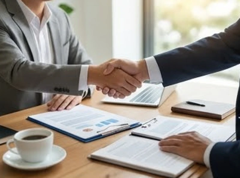 Hai người đang bắt tay hợp tác trước bản hợp đồng kinh doanh trên bàn làm việc