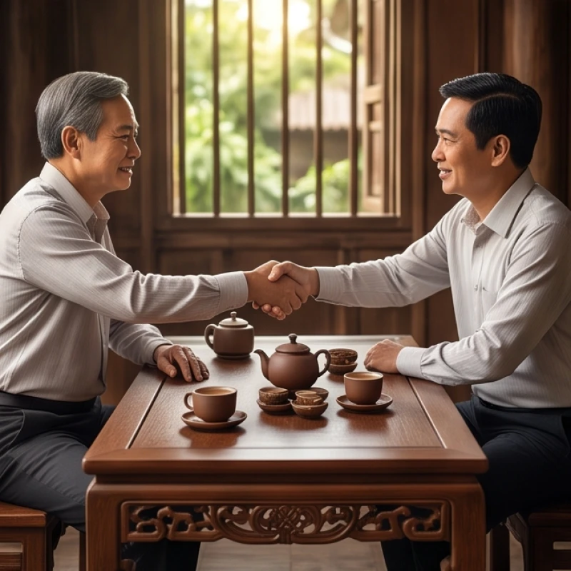 Tử vi trọn đời tuổi Quý Tỵ 1953 nam mạng: Luận chi tiết vận hạn 4 Hai người đàn ông bắt tay nhau bên bàn trà thể hiện sự đồng thuận và tương hợp trong làm ăn phong thủy
