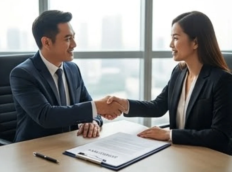 Hai đối tác đang bắt tay nhau sau khi ký kết thành công bản hợp đồng kinh doanh quan trọng
