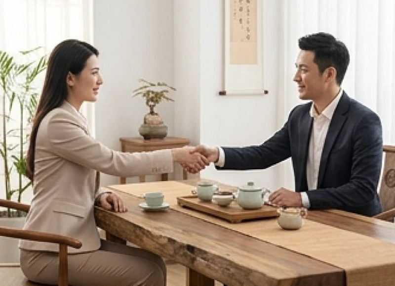 Hai người mặc trang phục lịch sự đang bắt tay ký kết hợp đồng bên bàn trà gỗ mộc mạc