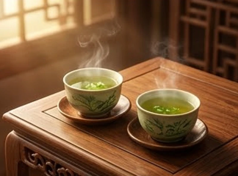 Hai tách trà mạn nóng hổi mời khách đặt trên bàn gỗ biểu thị sự đồng lòng trong hợp tác làm ăn