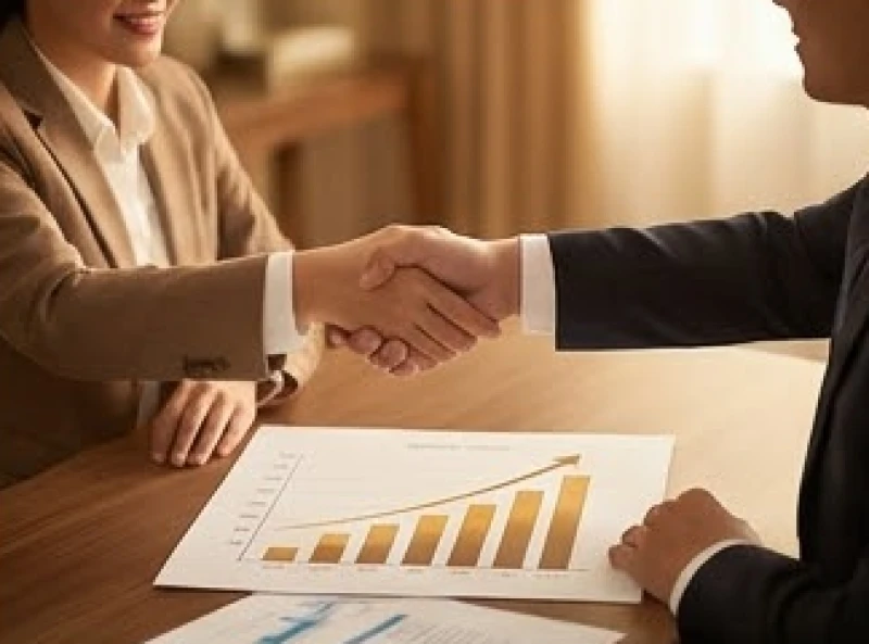 Hai người bắt tay hợp tác kinh doanh trên nền một biểu đồ tăng trưởng