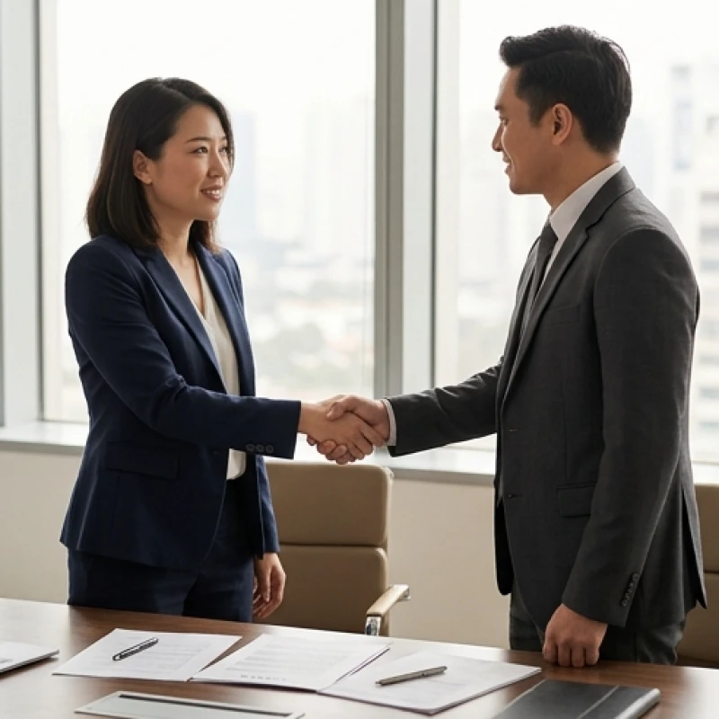 Hai đối tác kinh doanh đang trao đổi hồ sơ và bắt tay nhau sau cuộc họp chiến lược quan trọng