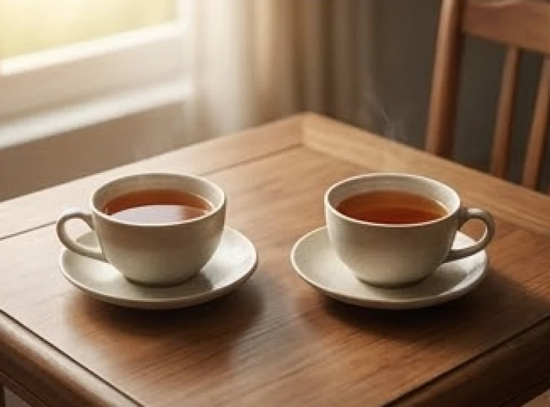 Hai tách trà nóng hổi đặt đối diện nhau trên chiếc bàn gỗ cổ điển tượng trưng cho sự hợp tác làm ăn vô cùng ăn ý