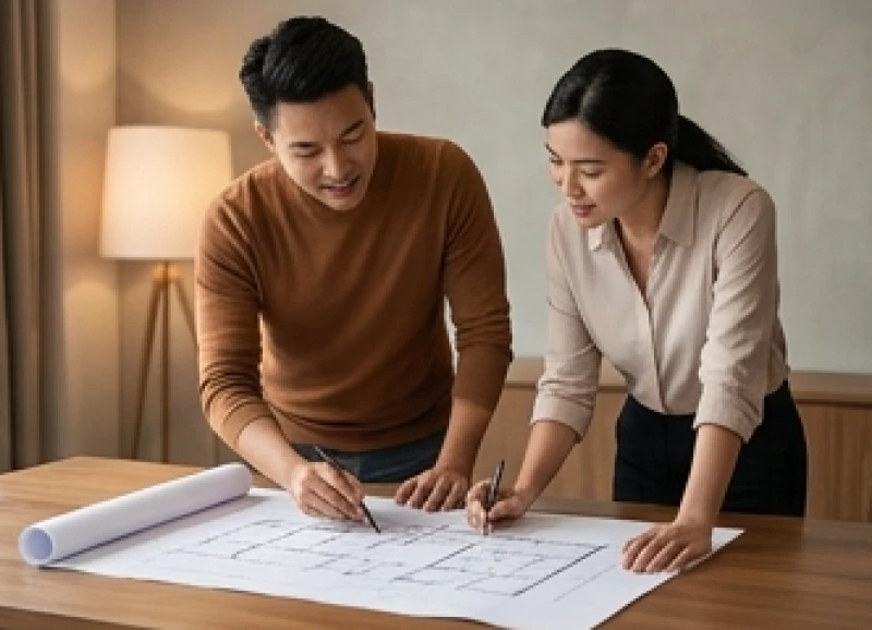 Hai người cộng sự đang cùng nhau xem xét tiến độ công việc để duy trì sự ổn định cho dự án dài hạn