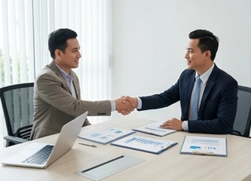 Hai đối tác đang bàn bạc và ký kết hợp đồng hợp tác kinh doanh tại văn phòng