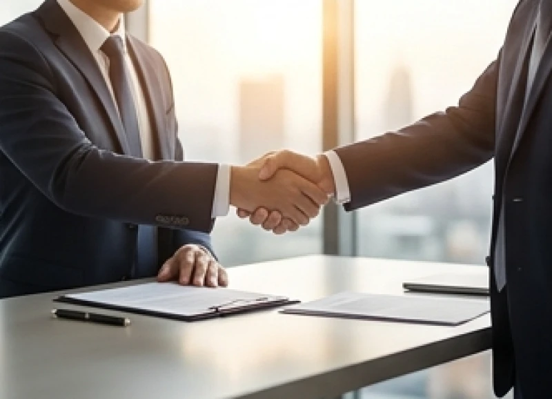 Hai đối tác kinh doanh bắt tay thân thiện sau khi ký kết thành công bản hợp đồng chiến lược