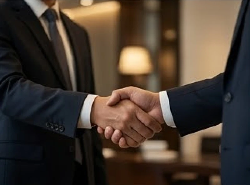 Hai người đàn ông mặc vest bắt tay nhau chân thành trên nền không gian sang trọng