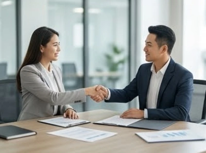 Hai doanh nhân đang mỉm cười thân thiện khi ký kết hợp đồng trong không gian phòng họp ngập tràn ánh sáng
