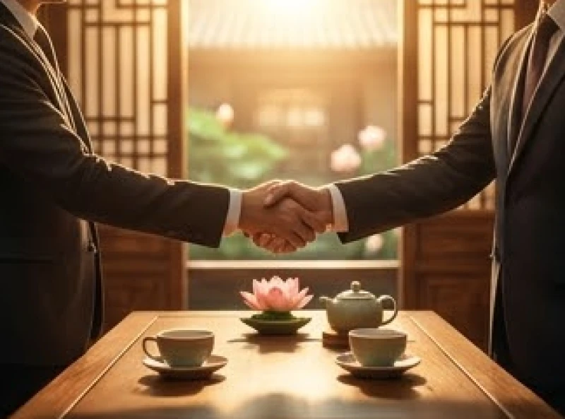Tử vi tuổi Tỵ năm 2026: Chi tiết 12 tháng & cách giải hạn 6 Hai người đồng nghiệp đang mỉm cười bắt tay thỏa thuận hợp tác tại một quán trà mang phong cách truyền thống