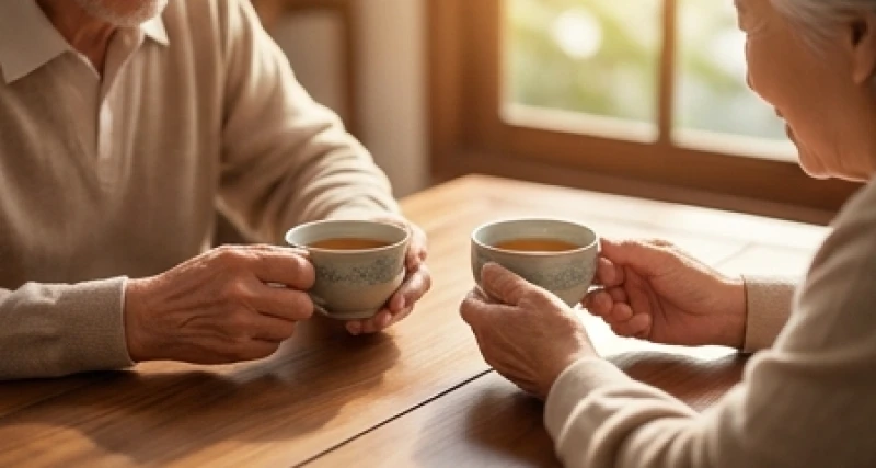 Hai người lớn tuổi thưởng trà và trò chuyện vui vẻ thể hiện sự hòa hợp trong các mối quan hệ