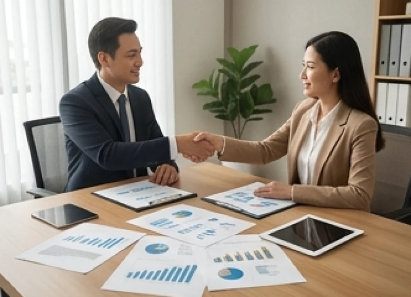 Nhóm doanh nhân đang thảo luận hợp đồng kinh doanh mang lại vượng khí tài lộc cho các đối tác