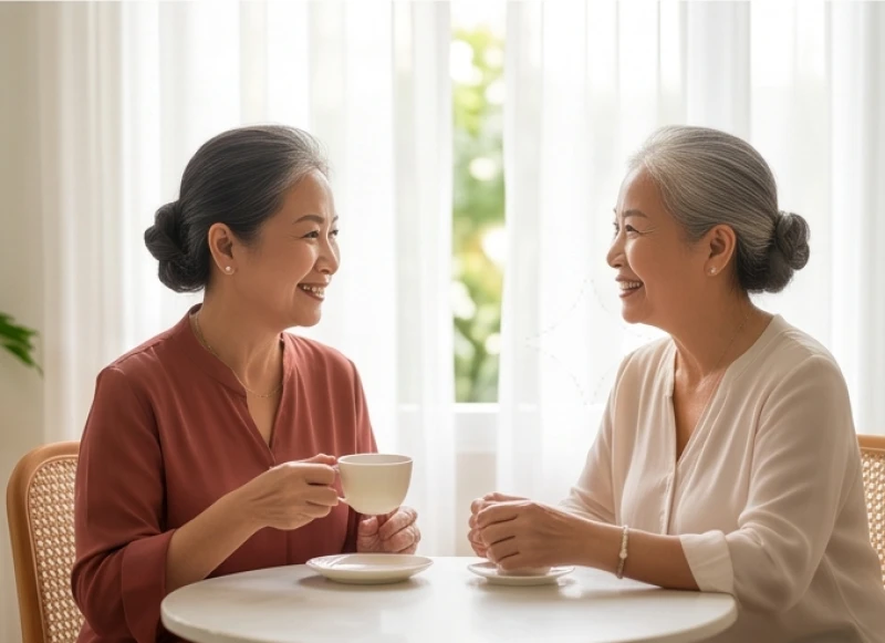 Hai người phụ nữ trạc tuổi đang vui vẻ trò chuyện, đại diện cho việc kết giao đúng người hợp mệnh