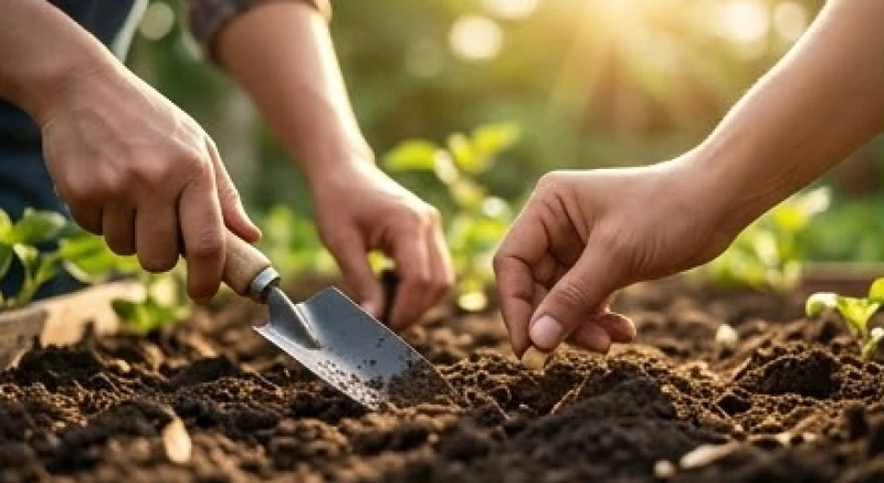 Hai người cùng nhau xới đất và gieo hạt giống trong một khu vườn ngập tràn ánh nắng ấm áp
