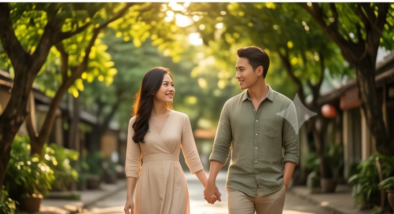 Đôi uyên ương nắm tay nhau dạo bước dưới bóng cây xanh mát mẻ