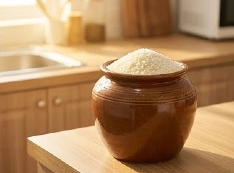 Hũ gạo bằng gốm truyền thống được đổ đầy ắp mang ý nghĩa no đủ và sung túc cho gia đình