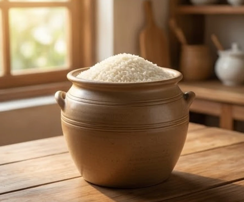 Hũ gạo bằng gốm sứ truyền thống được đổ đầy ắp gạo trắng, đặt ở góc bếp sạch sẽ gọn gàng giúp thu hút vượng khí