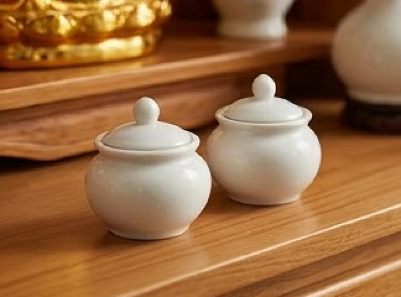 Văn khấn Thần Tài mùng 1: Mâm lễ, giờ hoàng đạo và cách đọc chuẩn 10 Hai hũ sứ đựng gạo và muối được đậy nắp kín, đặt vững chãi ở hai bên bàn thờ Thần Tài