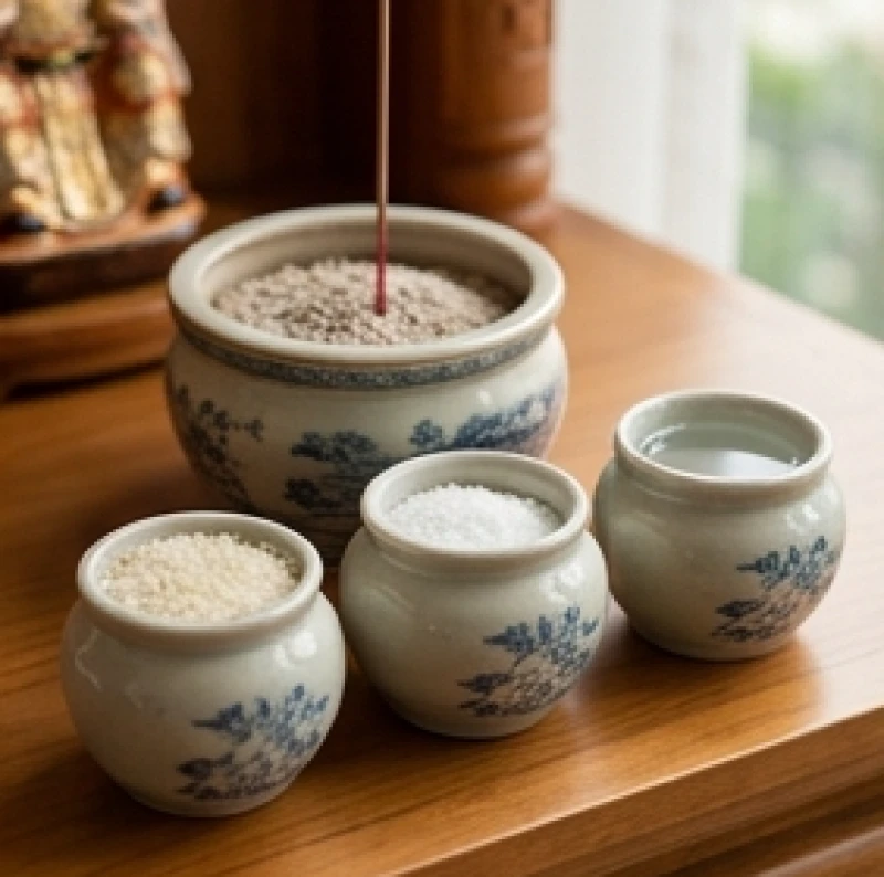 Cách bài trí bàn thờ Thần Tài cho tuổi Dần: chuẩn sơ đồ 5 mệnh 3 Bộ ba hũ tài lộc đựng gạo muối nước và đĩa trái cây tươi được xếp gọn gàng trước bát hương
