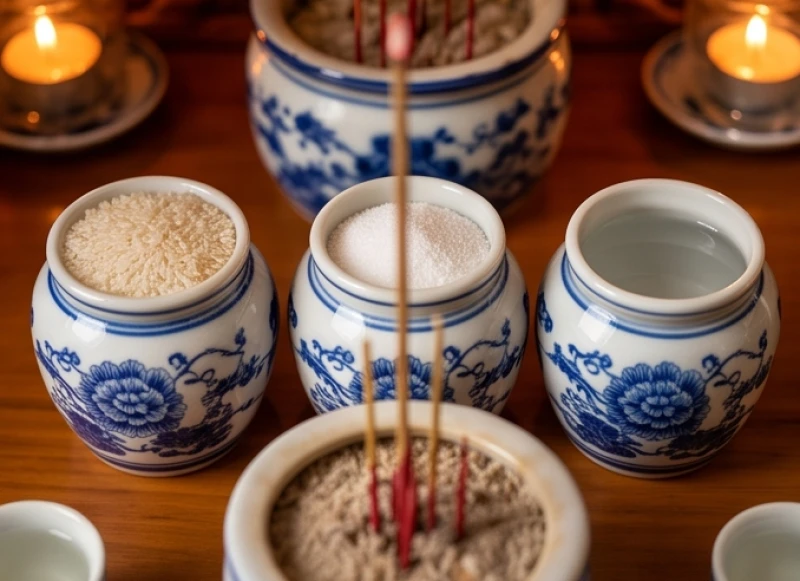Ba hũ chóe sứ đựng gạo muối nước đầy ắp được đặt ngay ngắn theo hình tam giác phía sau bát hương