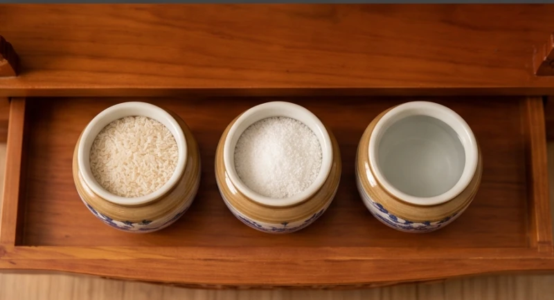 Ba hũ sứ nhỏ đựng gạo, muối và nước tinh khiết xếp ngang hàng trước bài vị Thần Tài
