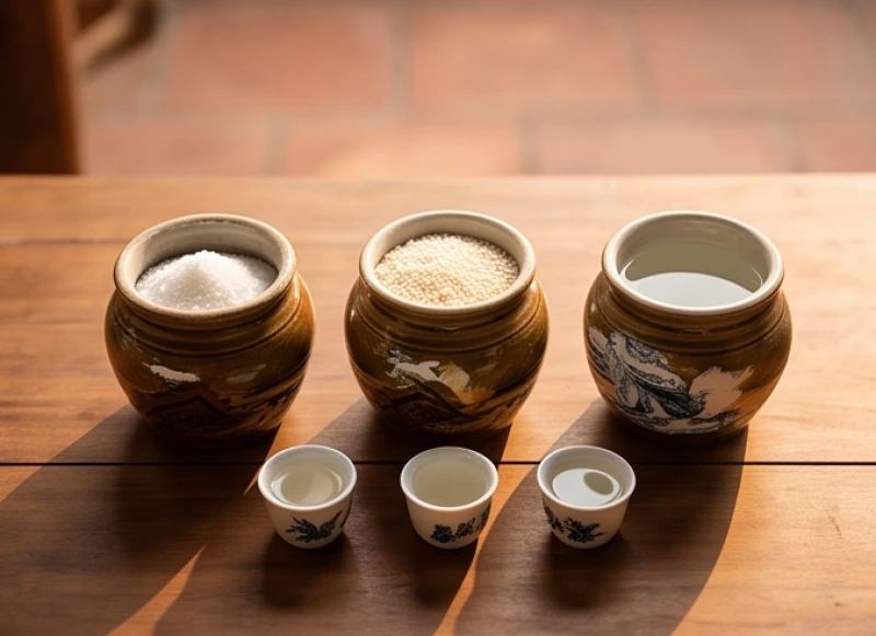 Ba chiếc hũ nhỏ đựng muối hạt, gạo tẻ và nước sạch đặt ngay ngắn trên bàn cúng trước khi dỡ mái