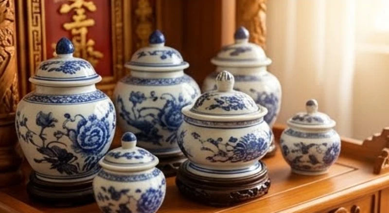 Hũ tài lộc gốm sứ màu xanh lam trên bàn thờ Thần Tài dành cho gia chủ mệnh Thủy