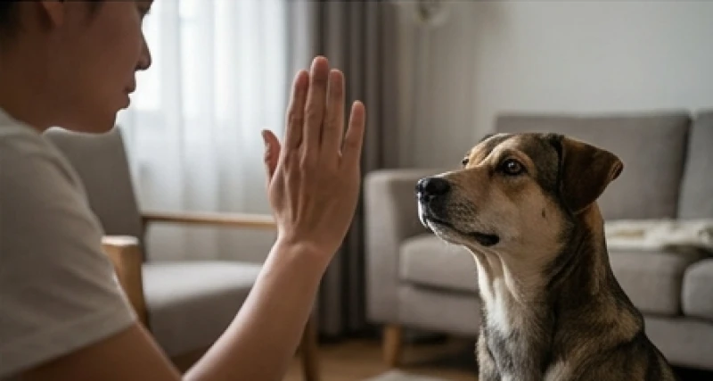 Chó hú là điềm gì: Giải mã theo khung giờ và cách xử lý 8 Chủ nhân dùng tay ra lệnh cho chó ngồi yên và giữ im lặng trước khi thưởng đồ ăn vặt yêu thích
