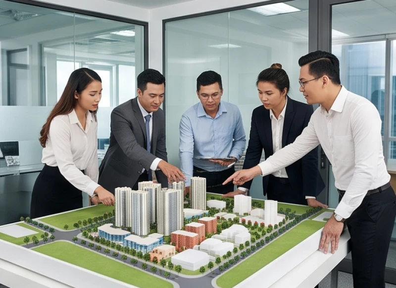 Các đối tác đang xem xét bản đồ quy hoạch và sa bàn dự án bất động sản để đầu tư sinh lời