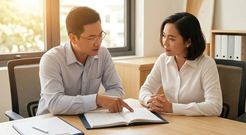 Hai người đối tác đang cùng nhau thảo luận và rà soát sổ sách kế toán
