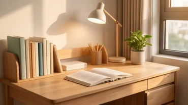 Góc học tập gọn gàng được bố trí đúng hướng bàn học cho trẻ tuổi Bính Thân 2016 cạnh cửa sổ ngập tràn ánh sáng